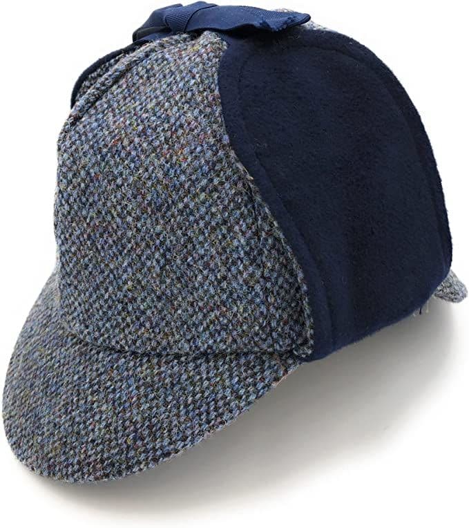 Gents Harris Tweed Blue Fleck Deerstalker with Moleskin Hat Made in UK