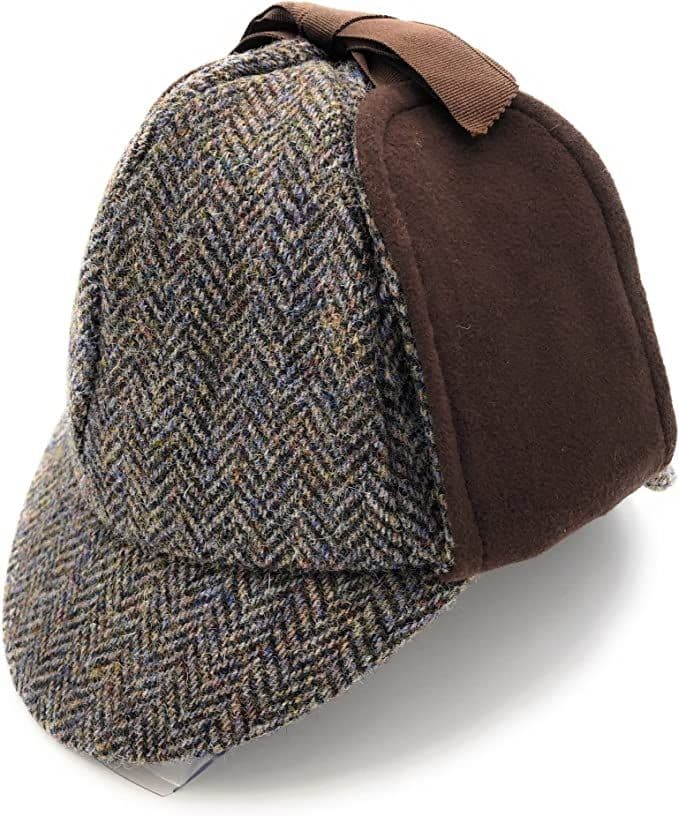 Gents Harris Tweed Brown Herringbone Deerstalker with Moleskin Hat Made in UK