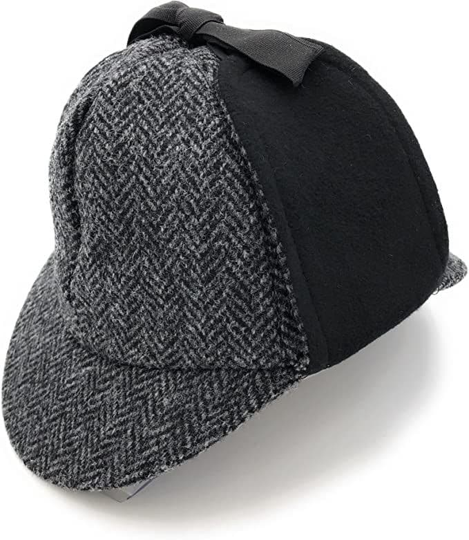 Gents Harris Tweed Charcoal Herringbone Deerstalker with Moleskin Hat Made in UK