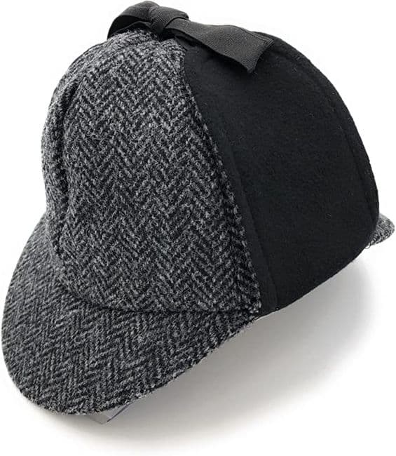 Gents Harris Tweed Charcoal Herringbone Deerstalker with Moleskin Hat Made in UK
