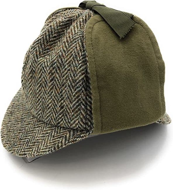 Gents Harris Tweed Green Herringbone Deerstalker with Moleskin Hat Made in UK