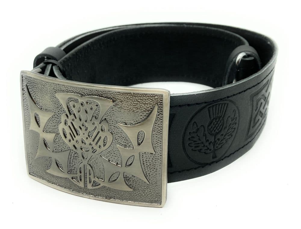Gents Leather Scottish Traditional Thistle Kilt Belt and Buckle
