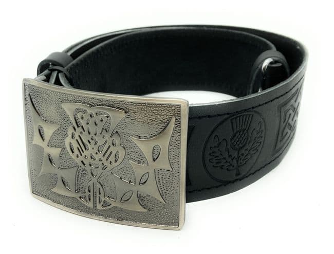 Gents Leather Scottish Traditional Thistle Kilt Belt and Buckle