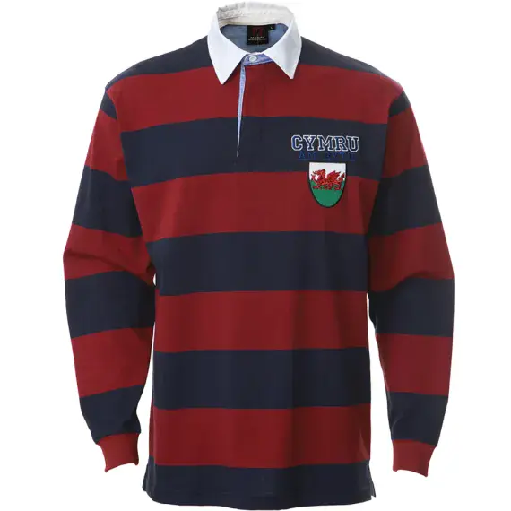 Gents Oxford Stripe Long Sleeve Welsh Rugby Shirt Burgundy