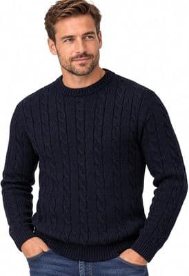 Gents Pure British Wool Navy Cable Crew Neck Jumper | Classic Knitwear