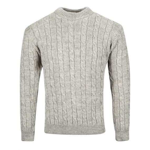 Gents Pure British Wool Oatmeal Cable Crew Neck Jumper