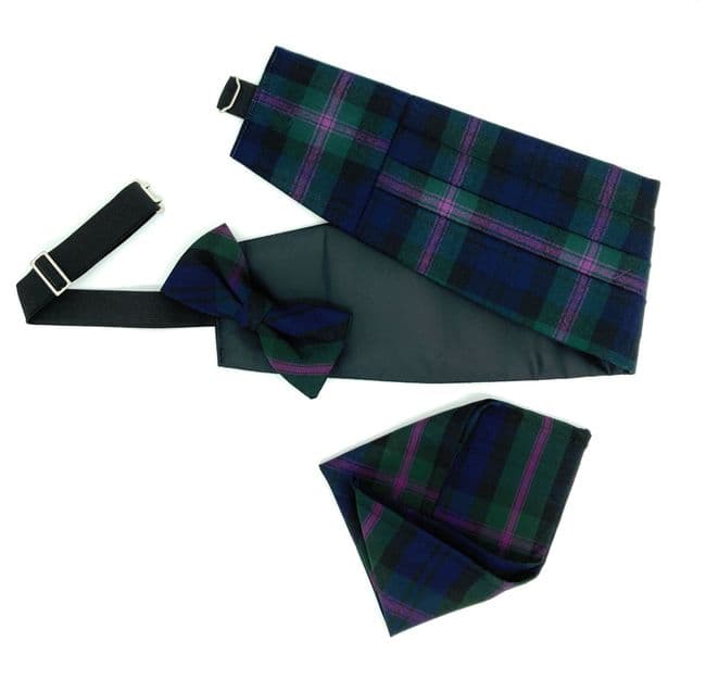 Gents Pure Wool Baird Modern Tartan Cummerbund, Bow Tie & Pocket Square Set - Made in Scotland