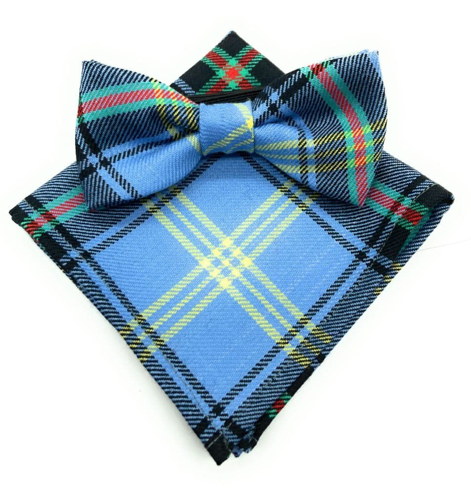 Gents Pure Wool Bell of the Borders Tartan Bow Tie & Matching Pocket Square Set - Made in Scotland