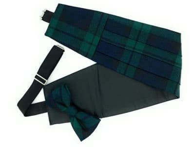 Gents Pure Wool Black Watch Tartan Cummerbund & Bow Tie Set - Made in Scotland