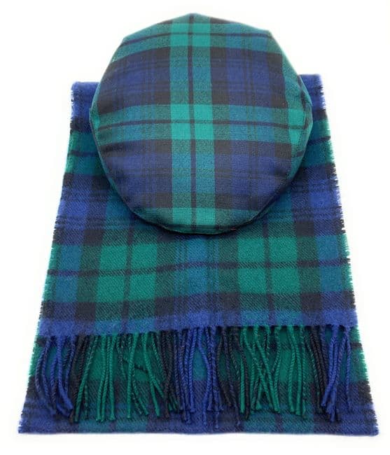 Gents Pure Wool Black Watch Tartan Flat Cap & Scarf Set