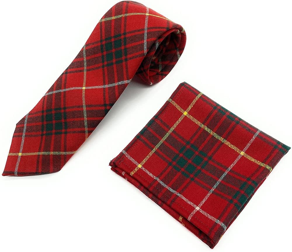 Gents Pure Wool Bruce Modern Tartan Tie and Matching Pocket Square Set Made in Scotland