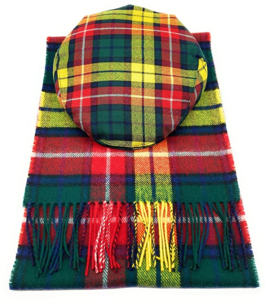 Gents Pure Wool Buchanan Modern Tartan Flat Cap & Scarf Set