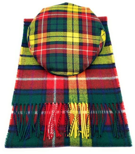 Gents Pure Wool Buchanan Modern Tartan Flat Cap & Scarf Set