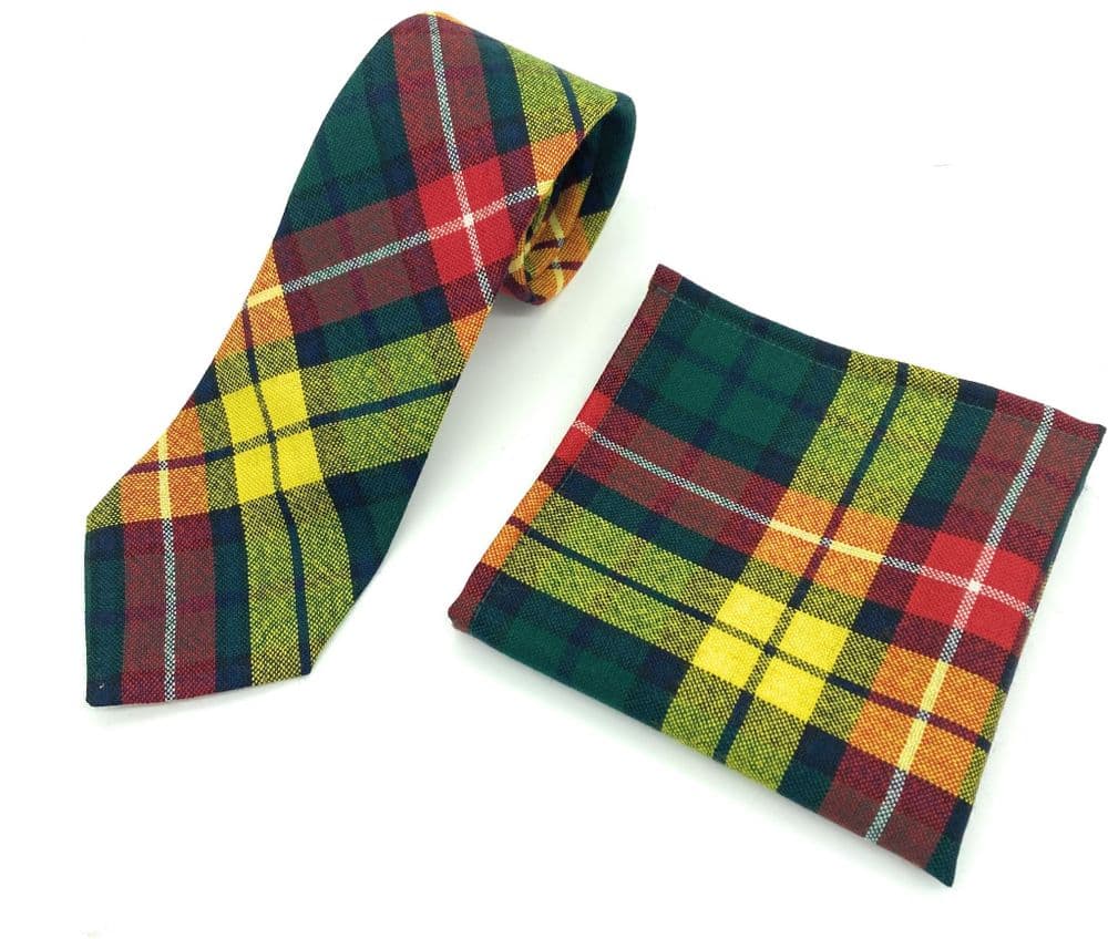 Gents Pure Wool Buchanan Modern Tartan Tie & Matching Pocket Square Set - Made in Scotland