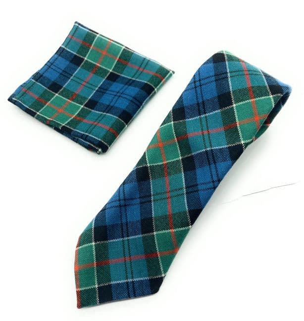Gents Pure Wool Colquhoun Ancient Tartan Tie & Matching Pocket Square Set - Made in Scotland