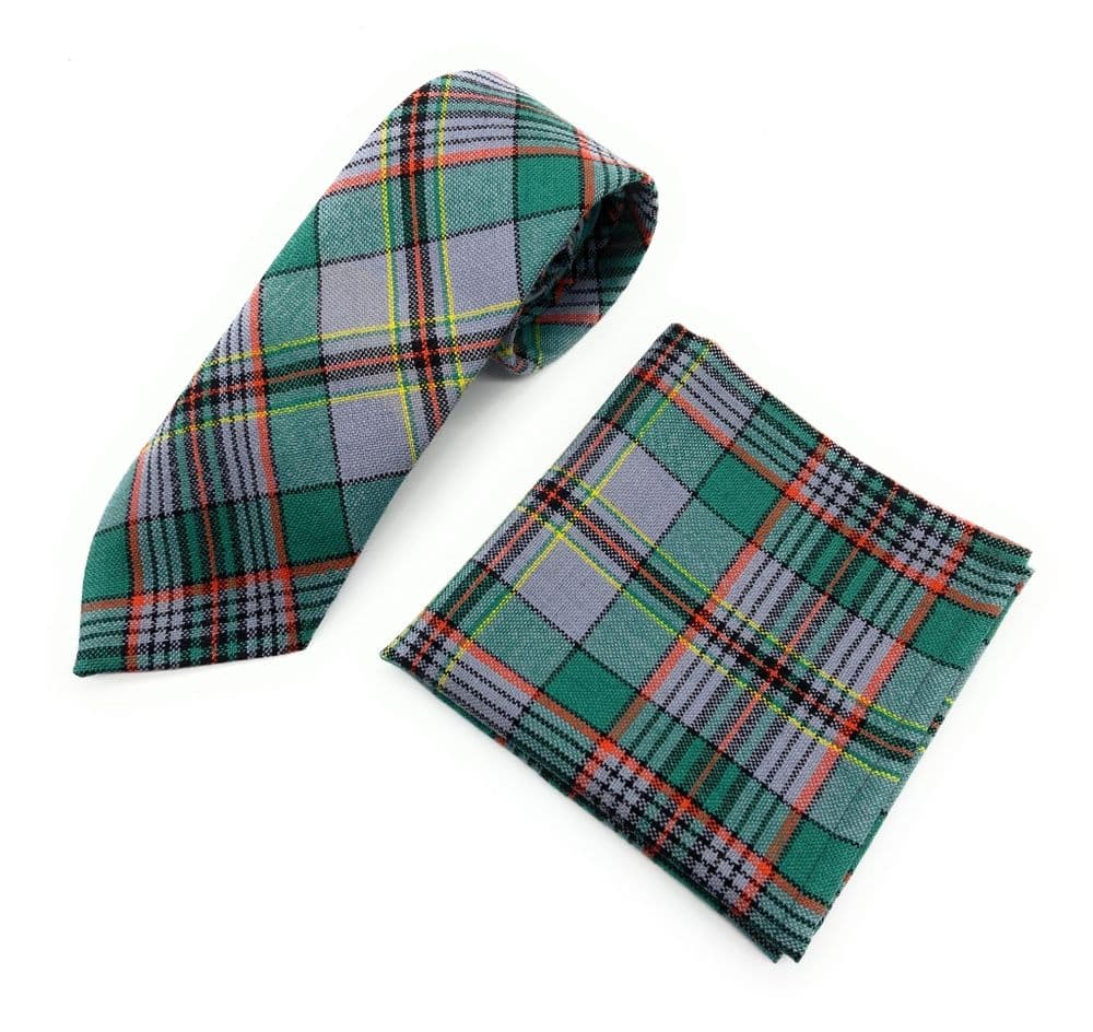 Gents Pure Wool Craig Ancient Tartan Tie & Matching Pocket Square Set - Made In Scotland
