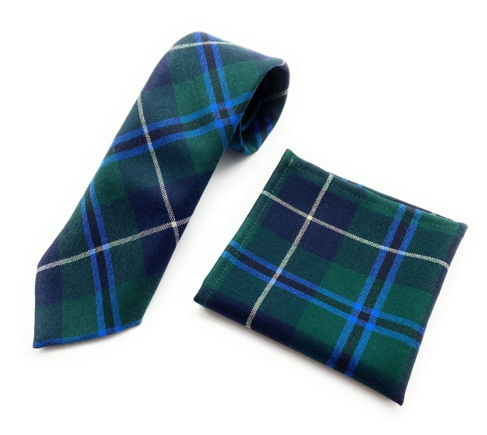 Gents Pure Wool Douglas Tartan Tie & Matching Pocket Square Set - Made in Scotland
