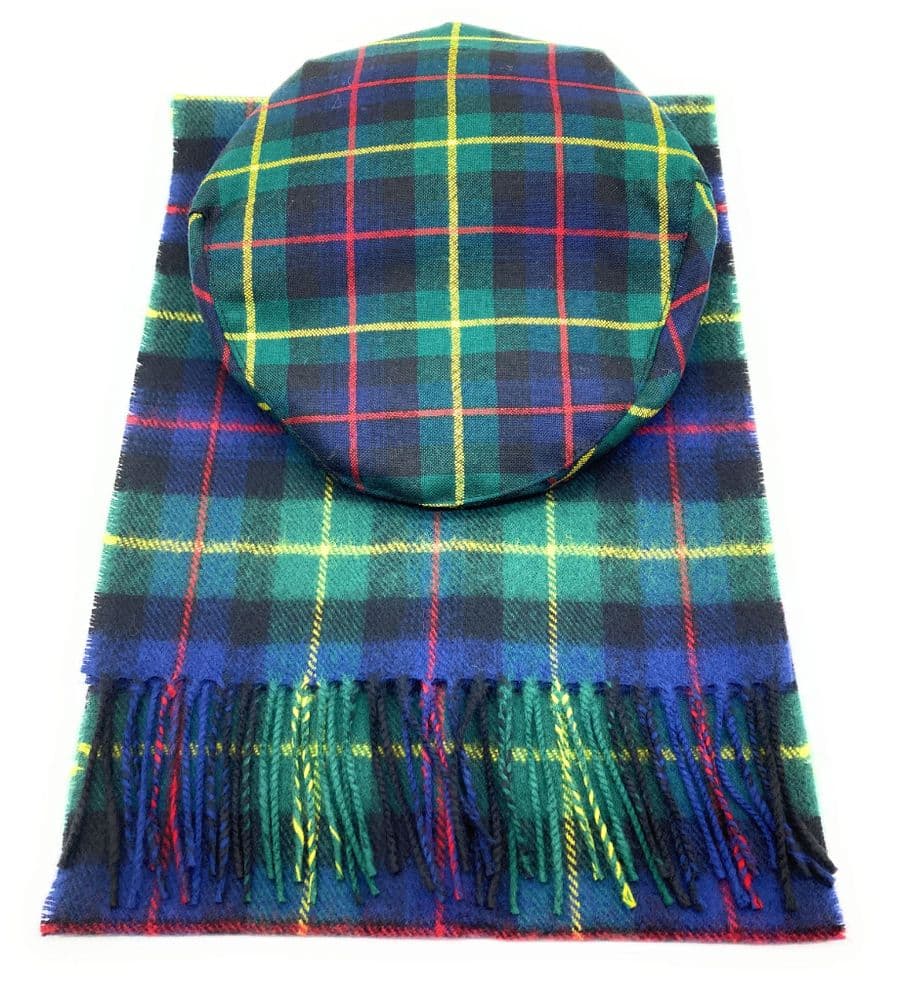 Gents Pure Wool Farquharson Modern Tartan Flat Cap & Scarf Set Made in Scotland
