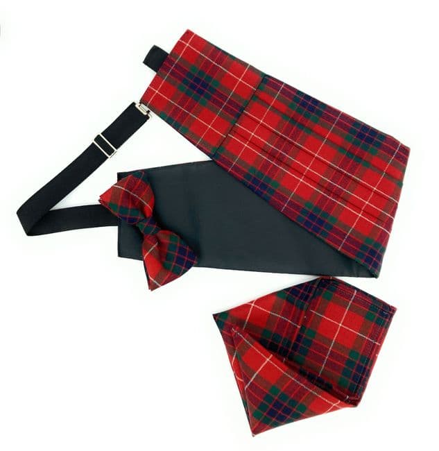 Gents Pure Wool Fraser Dress Modern Tartan Cummerbund, Bow Tie & Pocket Square Set