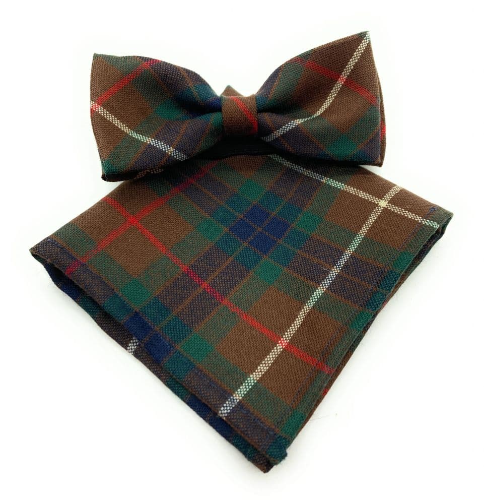 Gents Pure Wool Fraser Hunting Tartan Bow Tie & Matching Pocket Square Set - Made in Scotland
