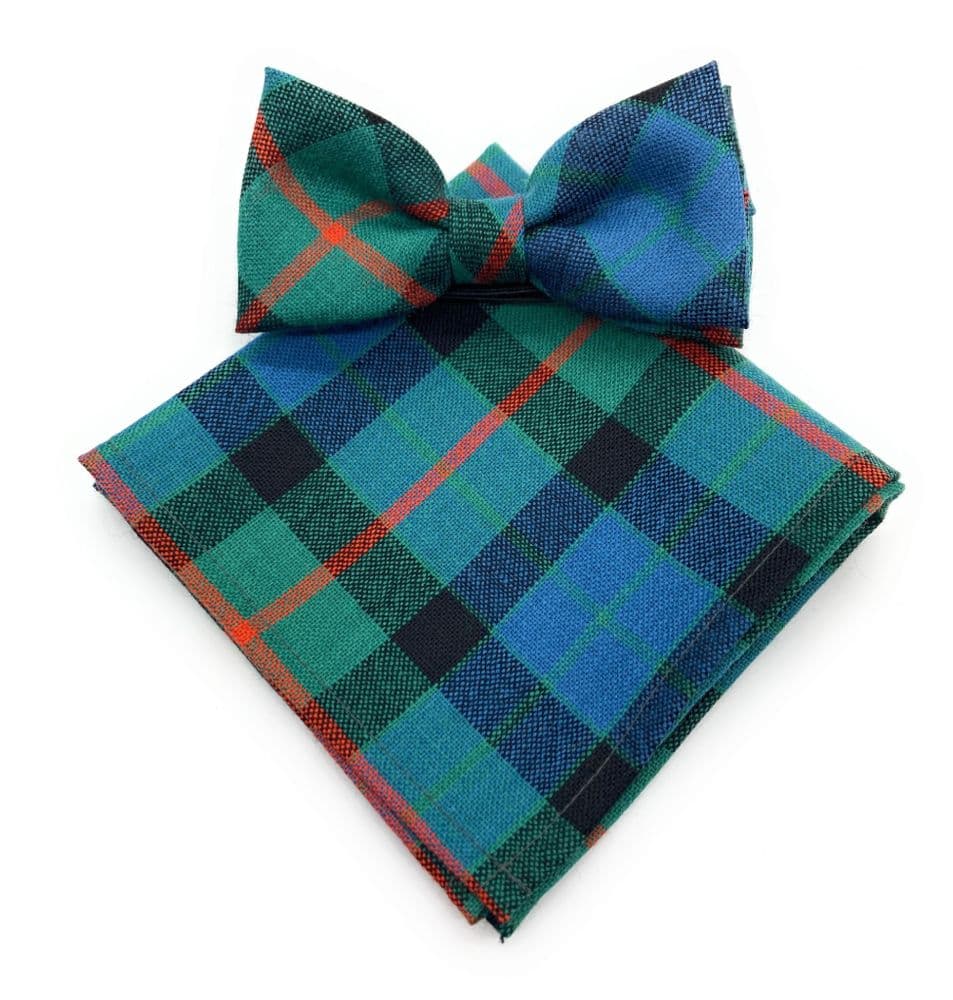 Gents Pure Wool Gunn  Ancient Tartan Bow Tie and Matching Pocket Square Set - Made in Scotland