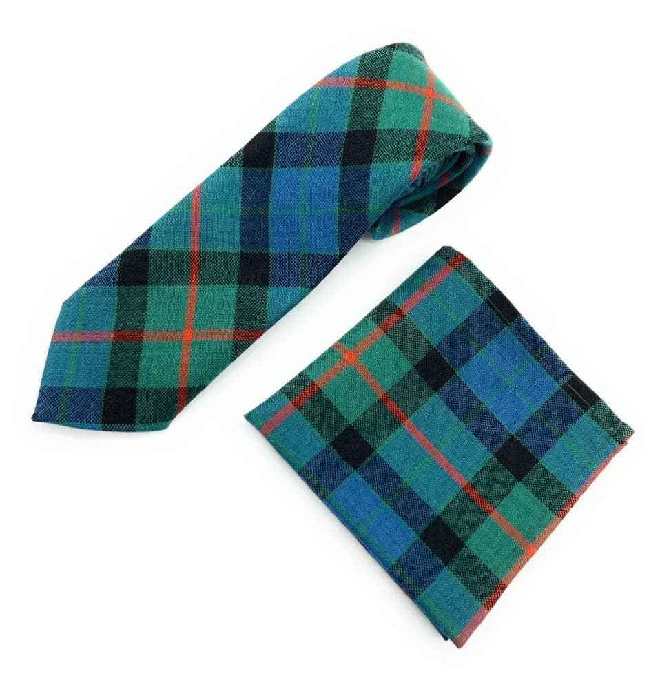 Gents Pure Wool Gunn Ancient Tartan Tie & Matching Pocket Square Set - Made In Scotland