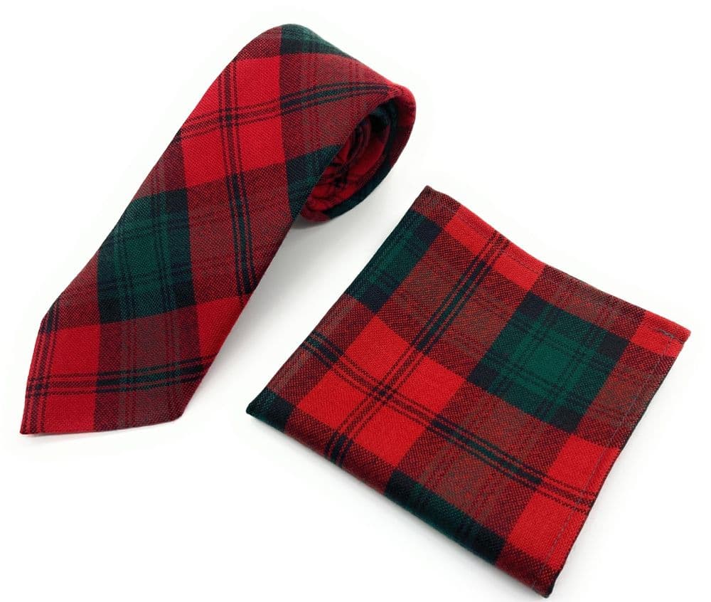 Gents Pure Wool Kerr Tartan Tie & Matching Pocket Square Set - Made in Scotland