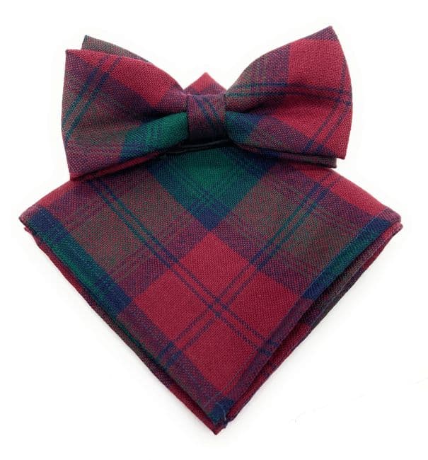 Gents Pure Wool Lindsay Tartan Bow Tie & Matching Pocket Square Set - Made in Scotland