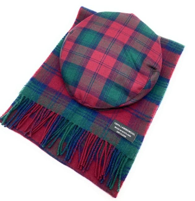 Gents Pure Wool Lindsay Tartan Flat Cap & Scarf Set