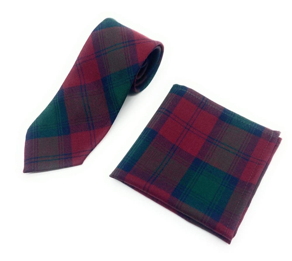 Gents Pure Wool Lindsay Tartan Tie & Matching Pocket Square Set - Made in Scotland