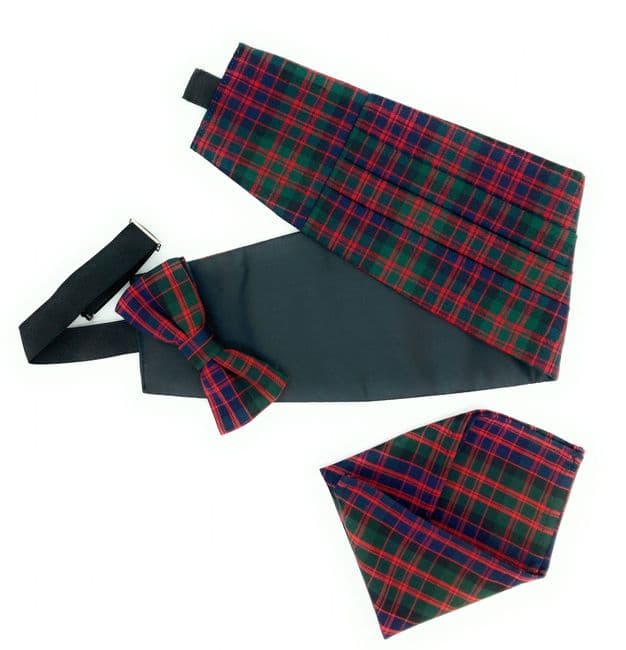 Gents Pure Wool MacDonald Modern Tartan Cummerbund & Bow Tie , Pocket Square Set - Made in Scotland