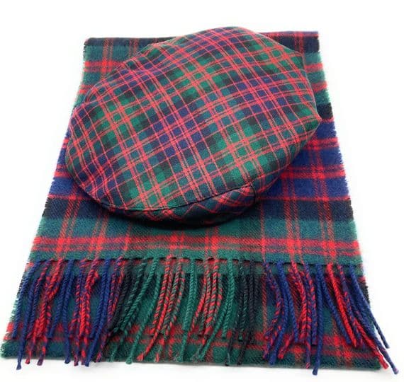 Gents Pure Wool MacDonald Modern Tartan Flat Cap & Scarf Set
