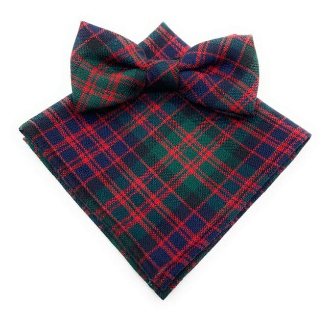 Gents Pure Wool MacDonald Tartan Bow Tie & Matching Pocket Square Set - Made In Scotland