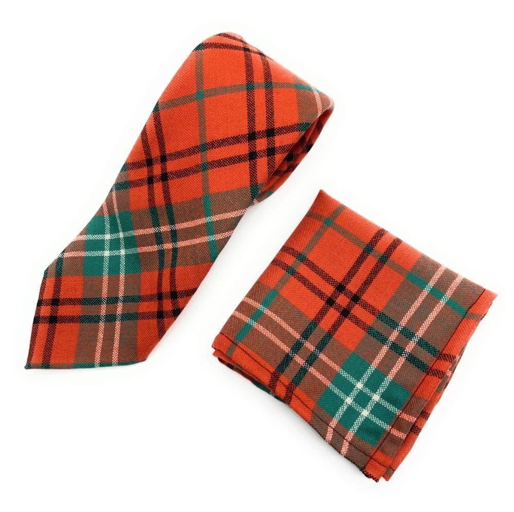 Gents Pure Wool Morrison Red Ancient Tartan Tie & Matching Pocket Square Set - Made in Scotland