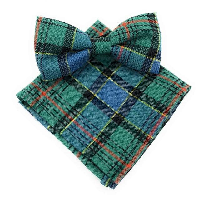 Gents Pure Wool Ogilvie Hunting Ancient Tartan Bow Tie And Matching Pocket Square Set