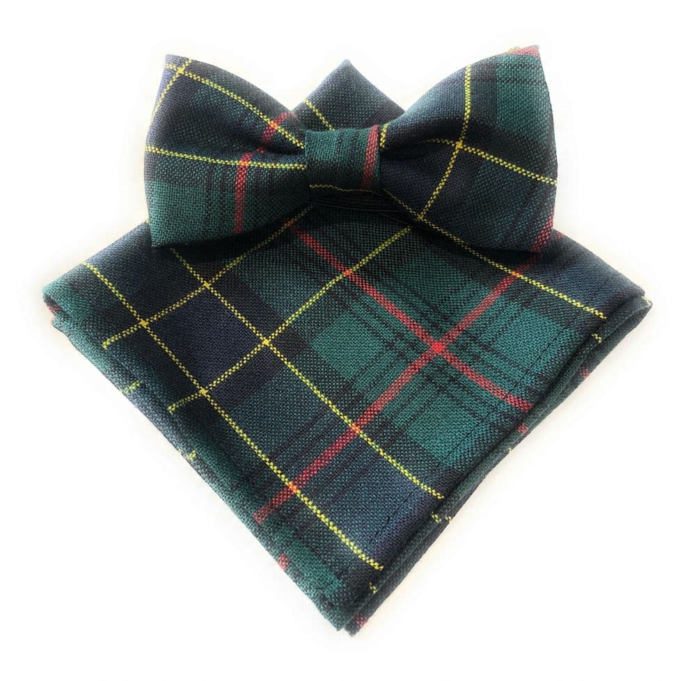 Gents Pure Wool Ogilvie Hunting Tartan Bow Tie & Matching Pocket Square Set - Made in Scotland