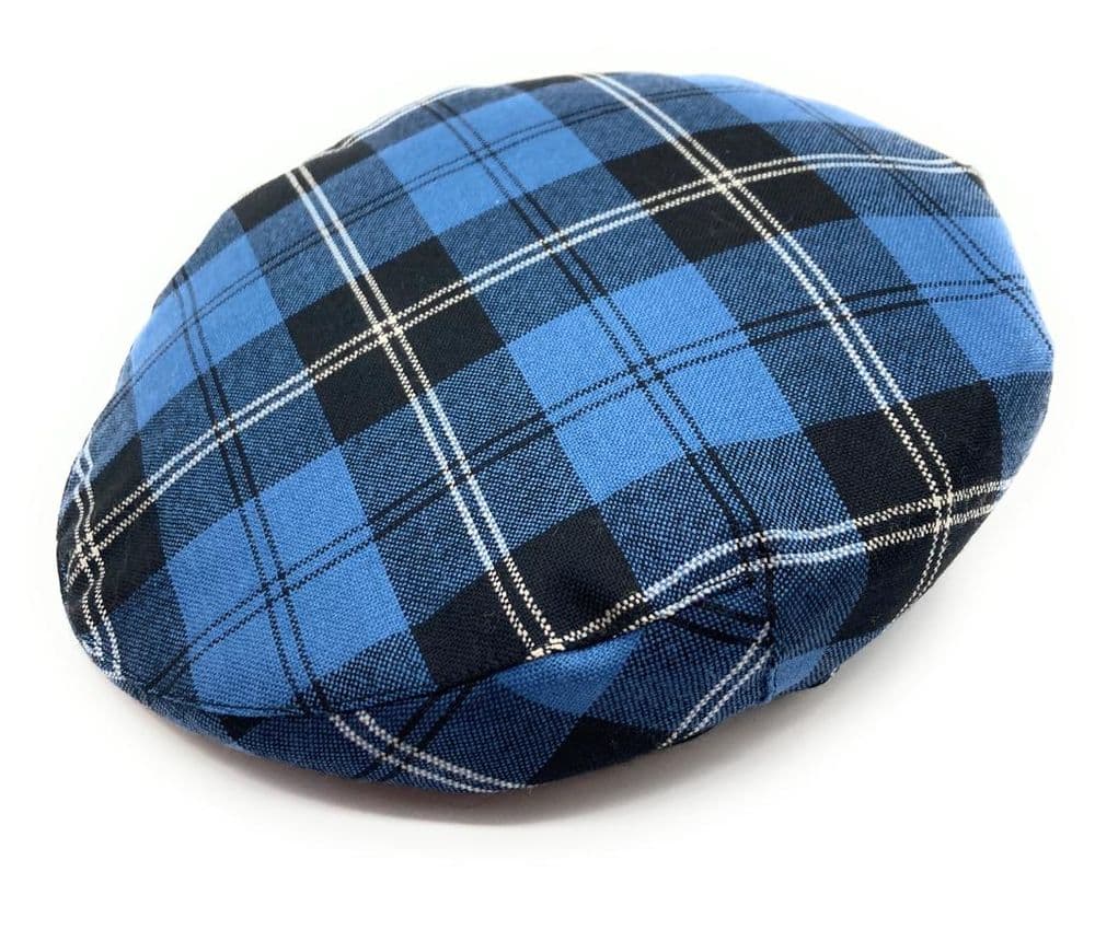 Gents Pure Wool Ramsay Blue Tartan One Size Flat Cap Made in Scotland
