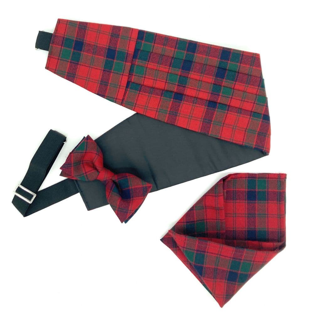 Gents Pure Wool Robertson Red Tartan Cummerbund & Bow Tie , Pocket Square Set - Made in Scotland