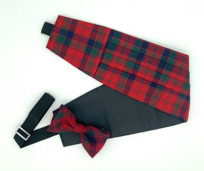 Gents Pure Wool Robertson Red Tartan Cummerbund & Bow Tie Set - Made in Scotland