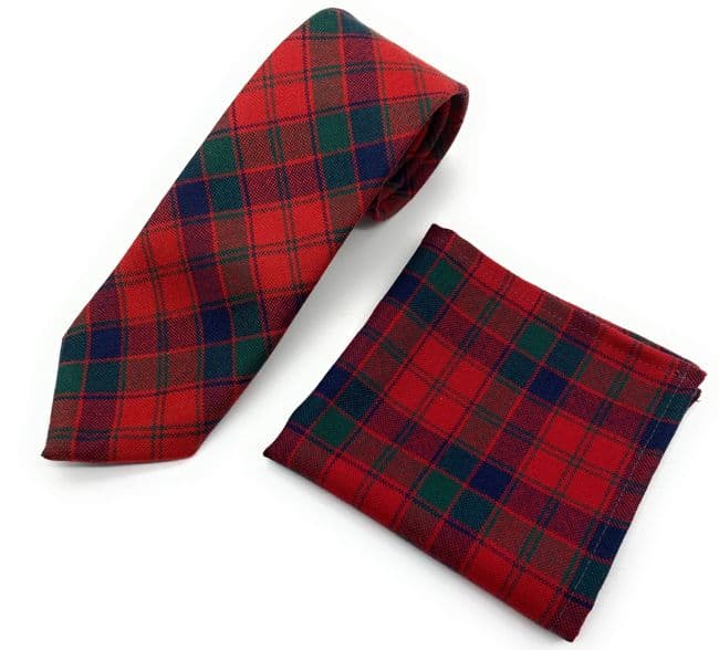 Gents Pure Wool Robertson Red Tartan Tie & Matching Pocket Square Set - Made in Scotland
