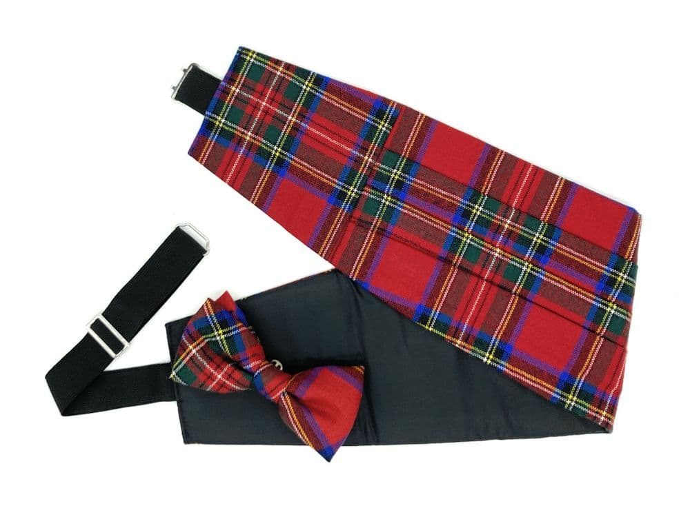 Gents Pure Wool Royal Stewart Tartan Cummerbund & Bow Tie Set - Made in Scotland