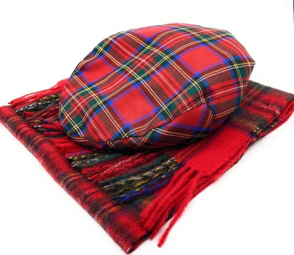 Gents Pure Wool Royal Stewart Tartan Flat Cap & Scarf Set