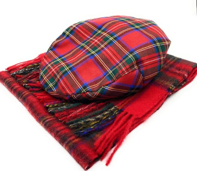Gents Pure Wool Royal Stewart Tartan Flat Cap & Scarf Set