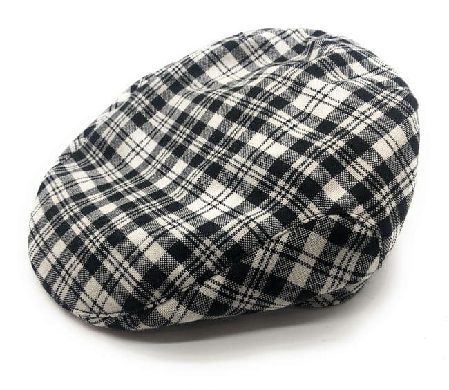Gents Pure Wool Scott Black & White Tartan Flat Cap - Made in Scotland