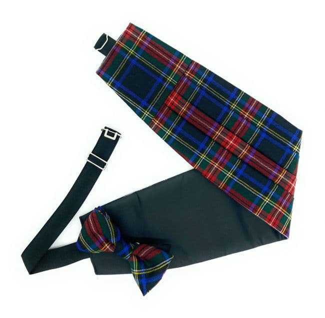 Gents Pure Wool Stewart Black Tartan Cummerbund & Bow Tie Set - Made in Scotland