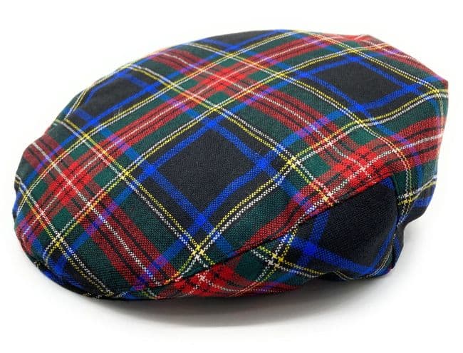 Gents Pure Wool Stewart Black Tartan Flat Cap