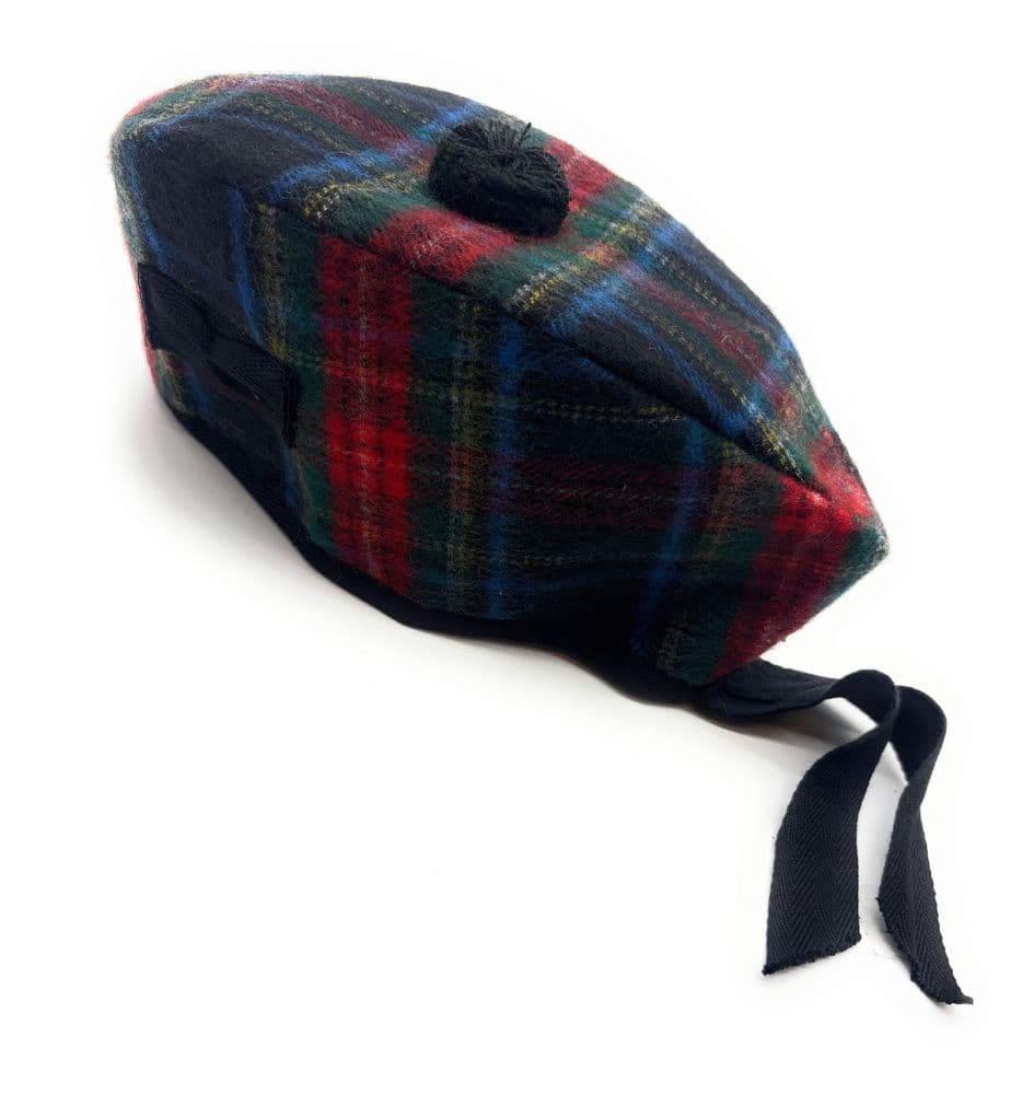 Gents Pure Wool Stewart Black Tartan Glengarry Hat- Made in Scotland