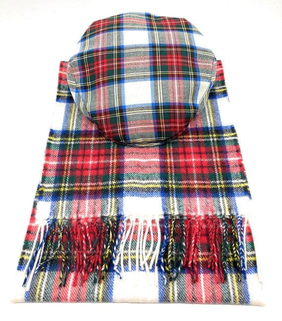 Gents Pure Wool Stewart Dress Tartan Flat Cap & Scarf Set