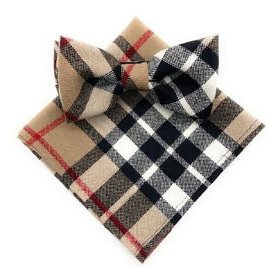Gents Pure Wool Thomson Camel Tartan Bow Tie and Matching Pocket Square Set - Made in Scotland