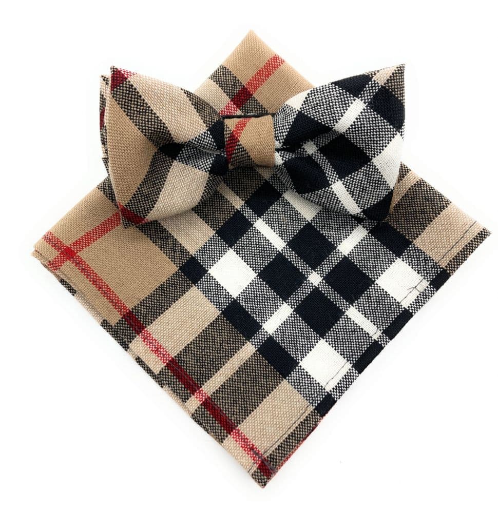 Gents Pure Wool Thomson Camel Tartan Bow Tie and Matching Pocket Square Set - Made in Scotland
